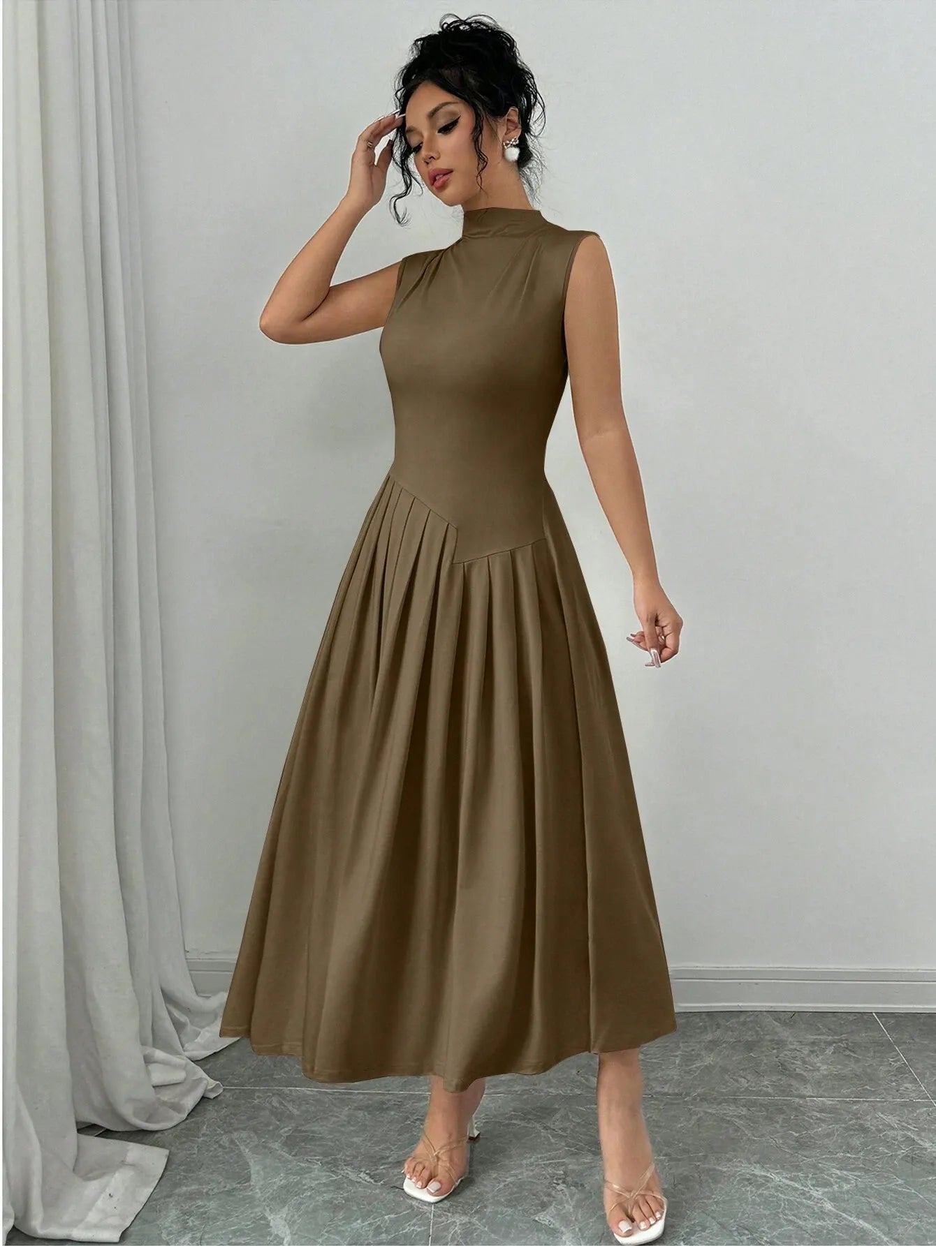 Elegant Pleated Mock Neck Dress