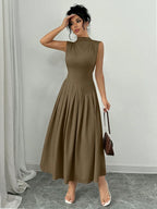 Elegant Pleated Mock Neck Dress