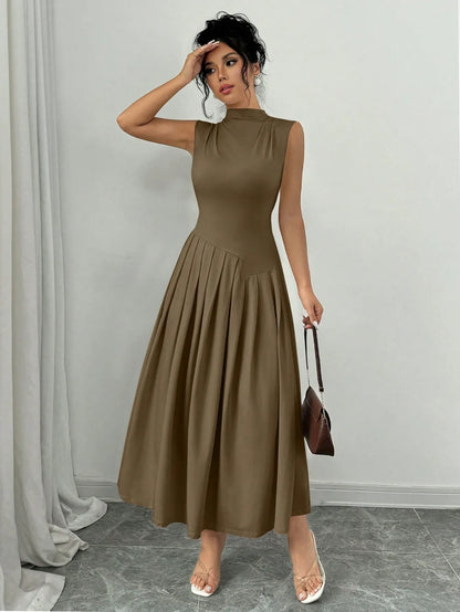 Elegant Pleated Mock Neck Dress