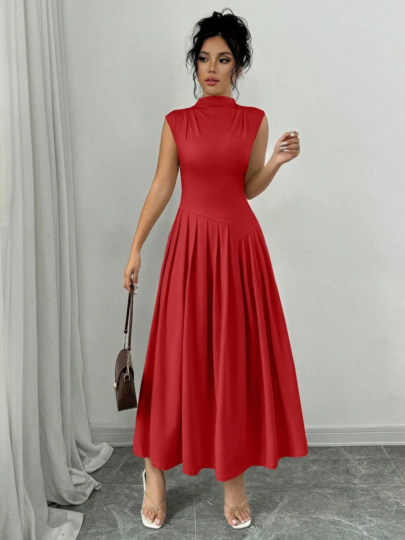 Elegant Pleated Mock Neck Dress