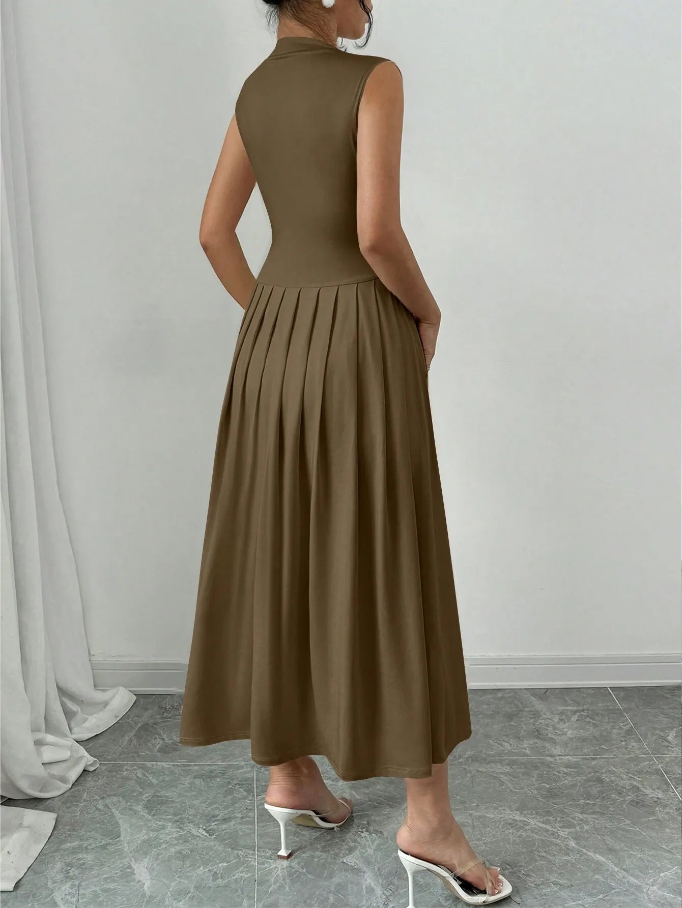 Elegant Pleated Mock Neck Dress