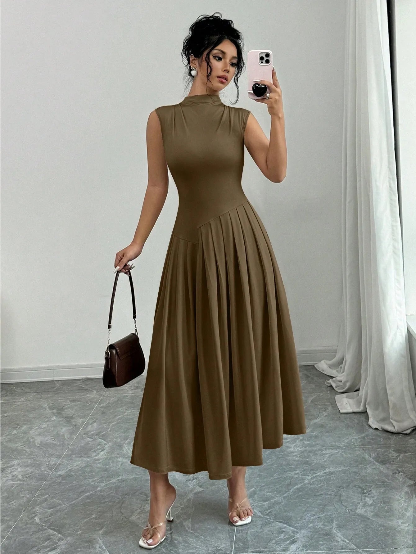 Elegant Pleated Mock Neck Dress