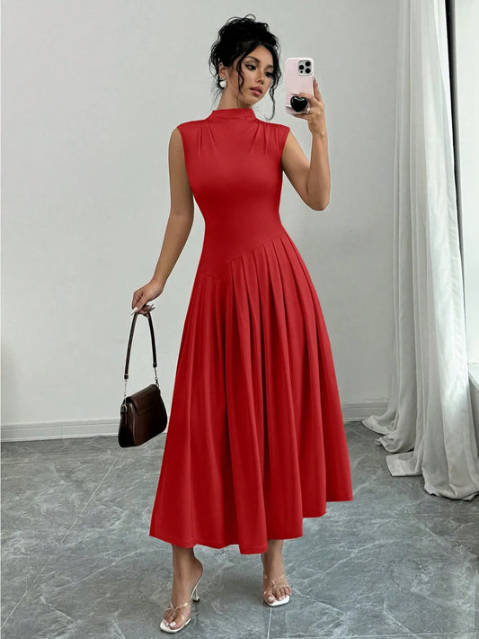Elegant Pleated Mock Neck Dress