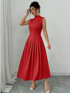 Elegant Pleated Mock Neck Dress