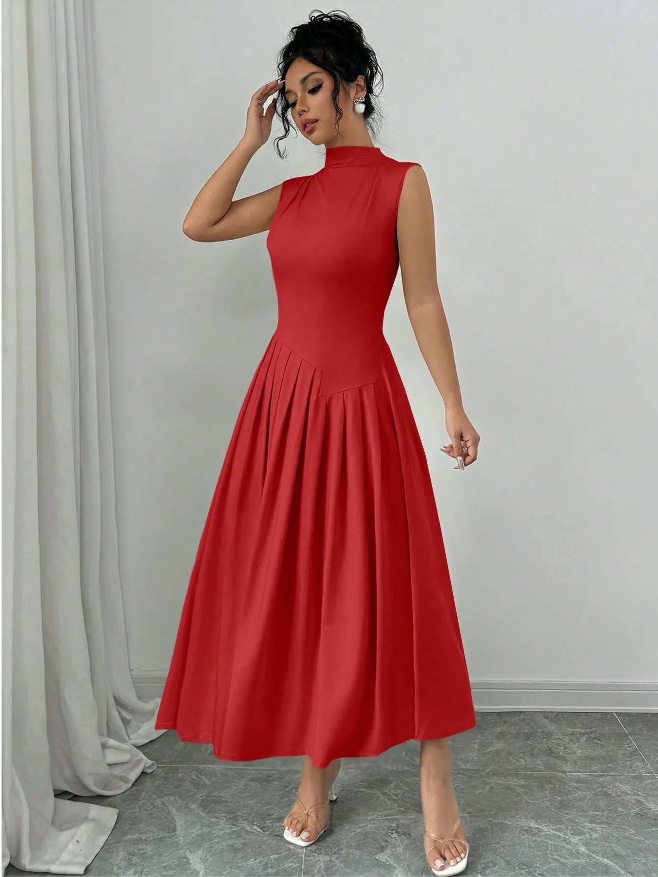 Elegant Pleated Mock Neck Dress