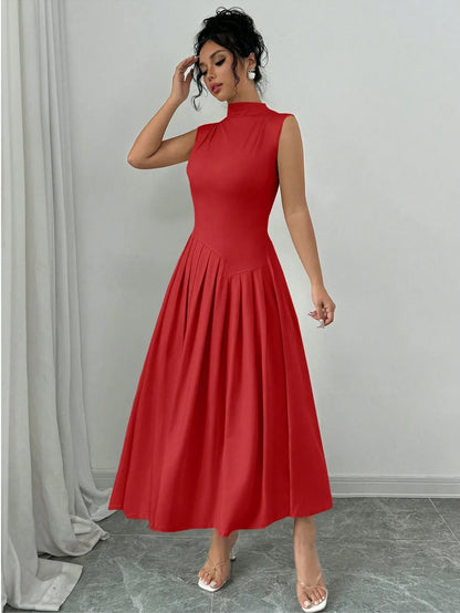 Elegant Pleated Mock Neck Dress