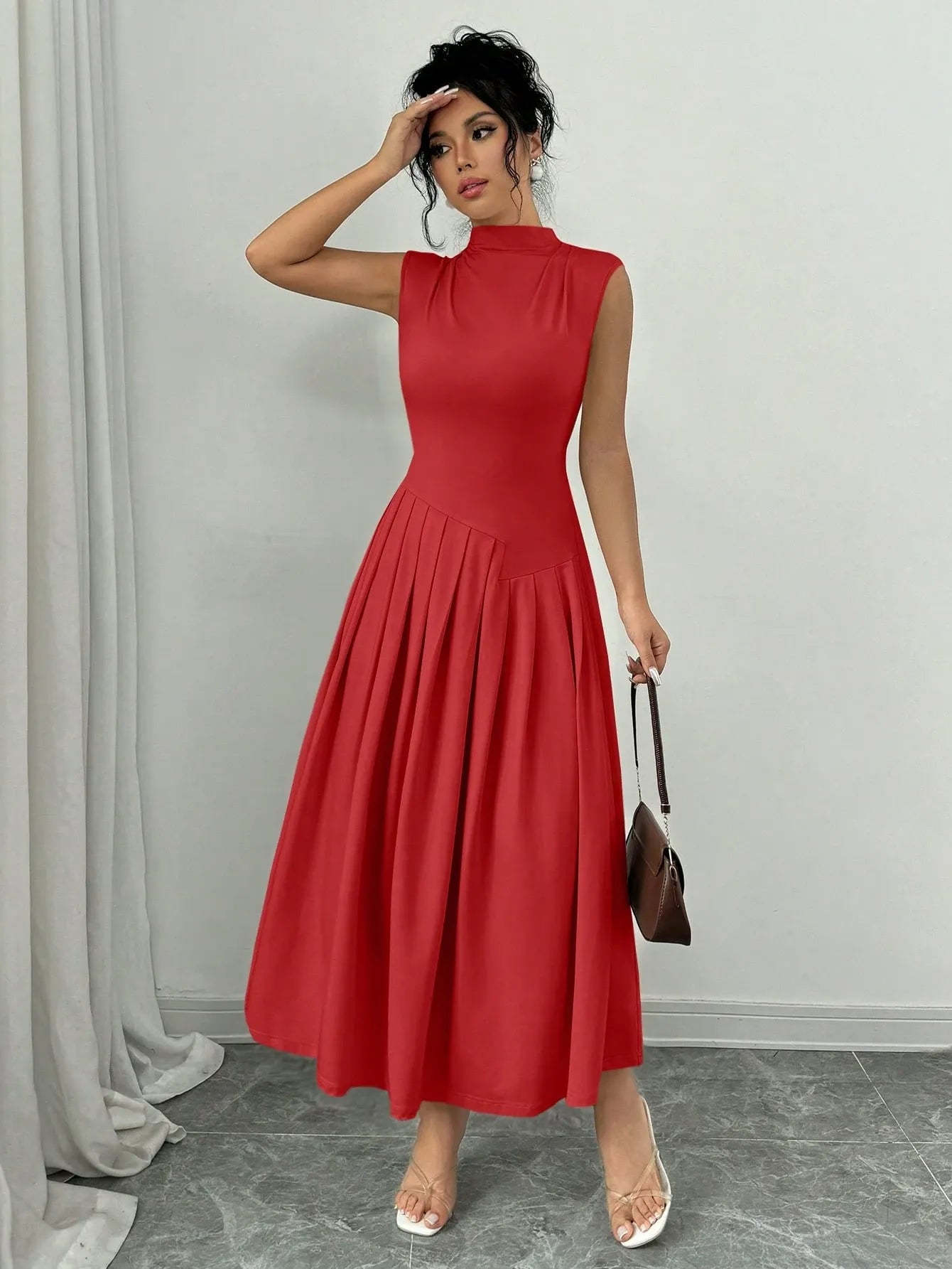 Elegant Pleated Mock Neck Dress