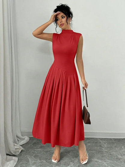 Elegant Pleated Mock Neck Dress
