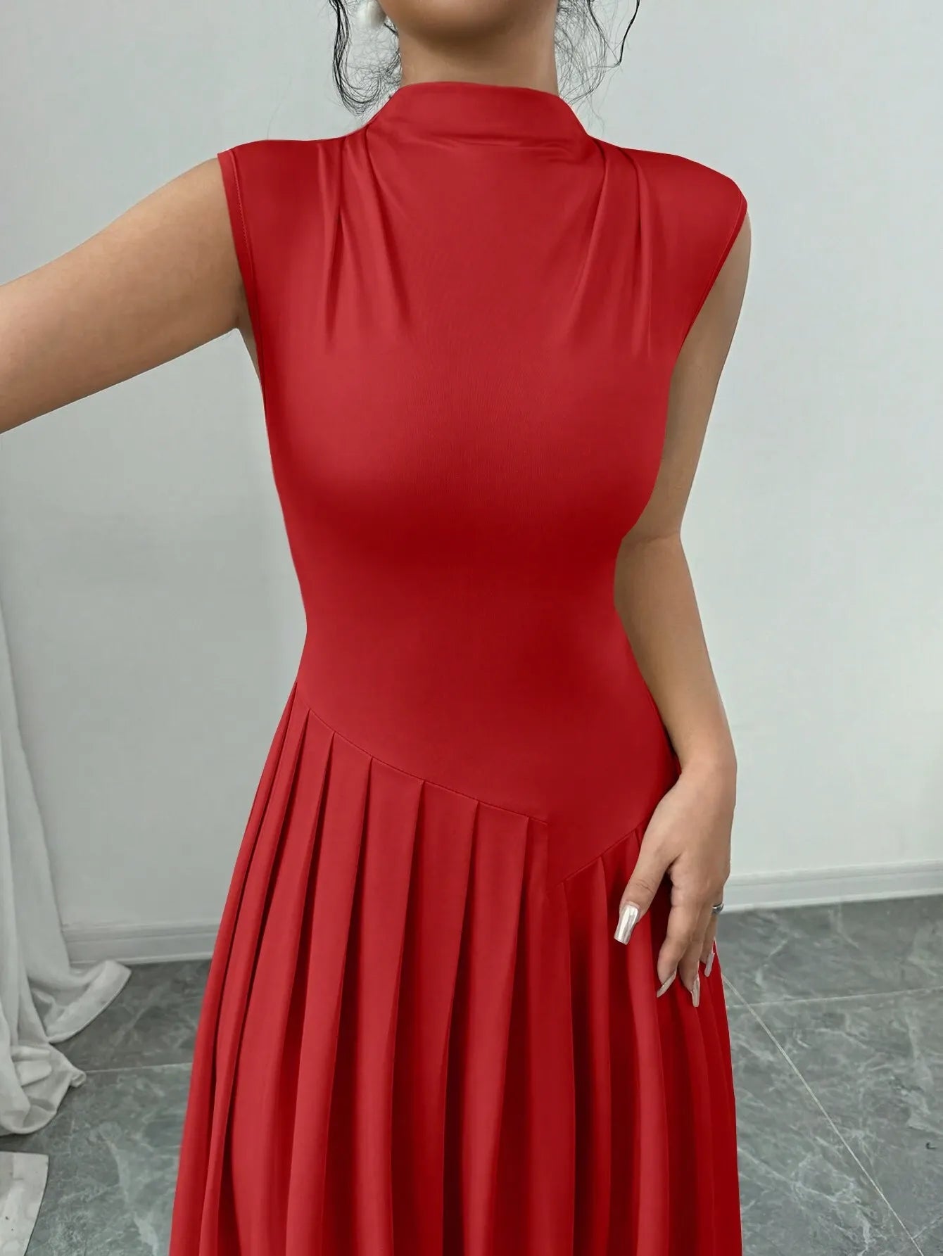 Elegant Pleated Mock Neck Dress
