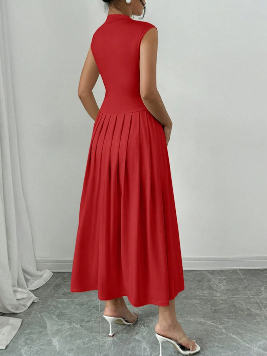 Elegant Pleated Mock Neck Dress