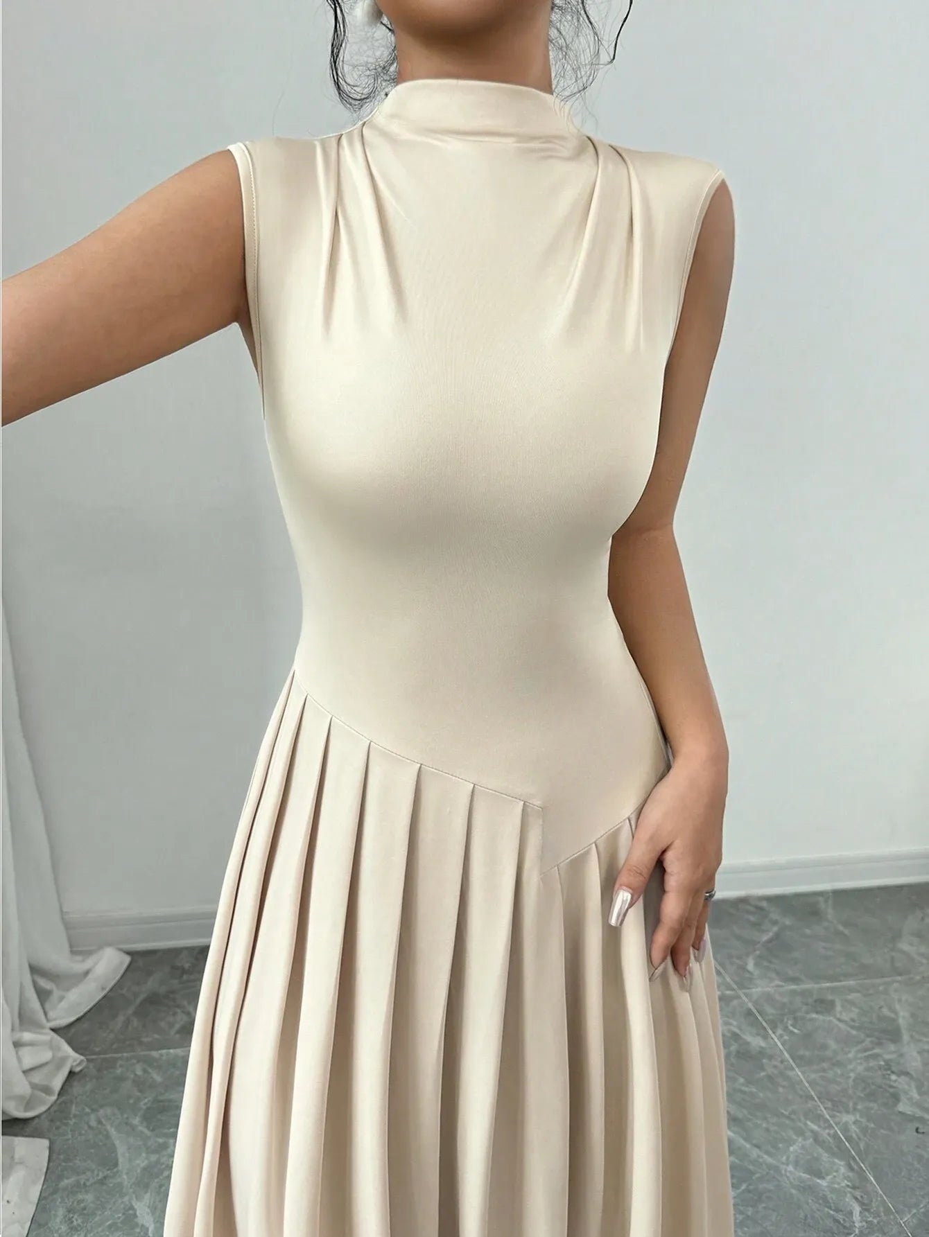 Elegant Pleated Mock Neck Dresses