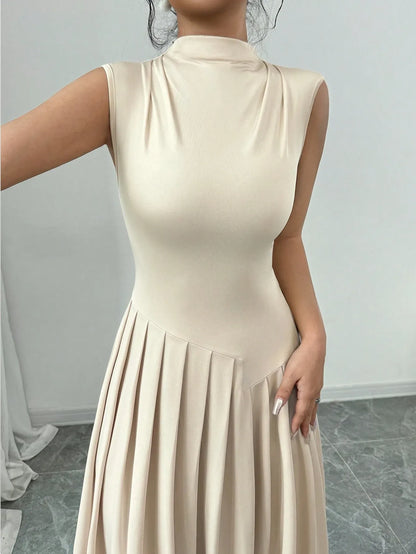 Elegant Pleated Mock Neck Dresses