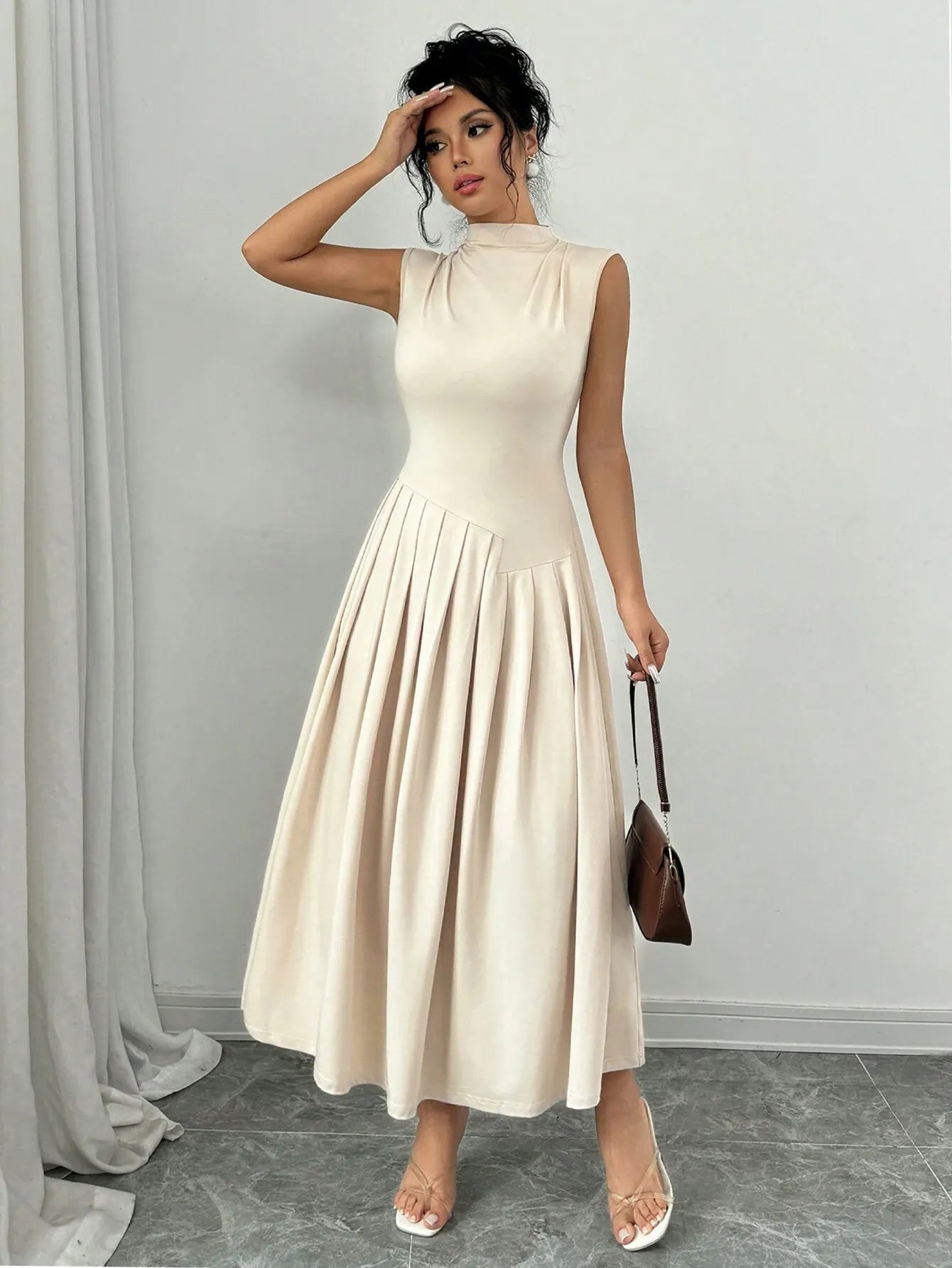 Elegant Pleated Mock Neck Dresses