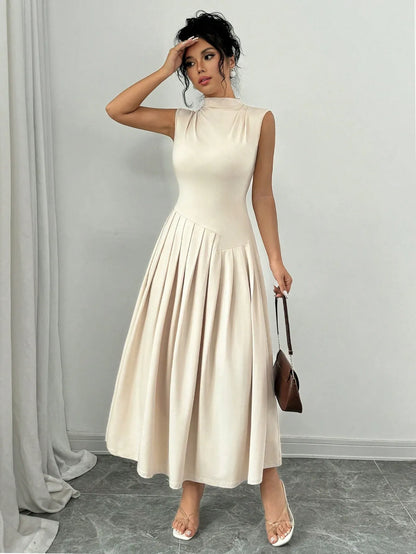 Elegant Pleated Mock Neck Dresses