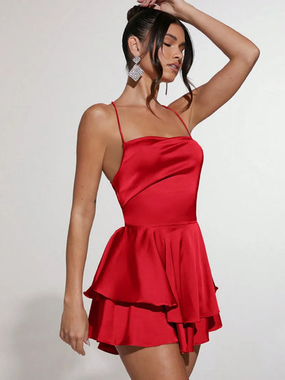 Lace Up Backless Two Layer Hem Satin Dress