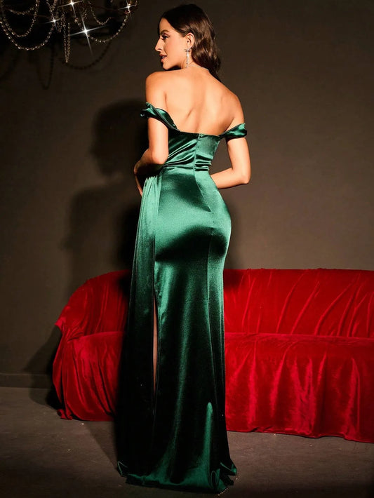 Off Shoulder Slit Thigh Satin Dress