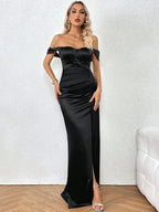 Off Shoulder Slit Thigh Satin Dress