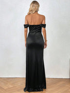 Off Shoulder Slit Thigh Satin Dress