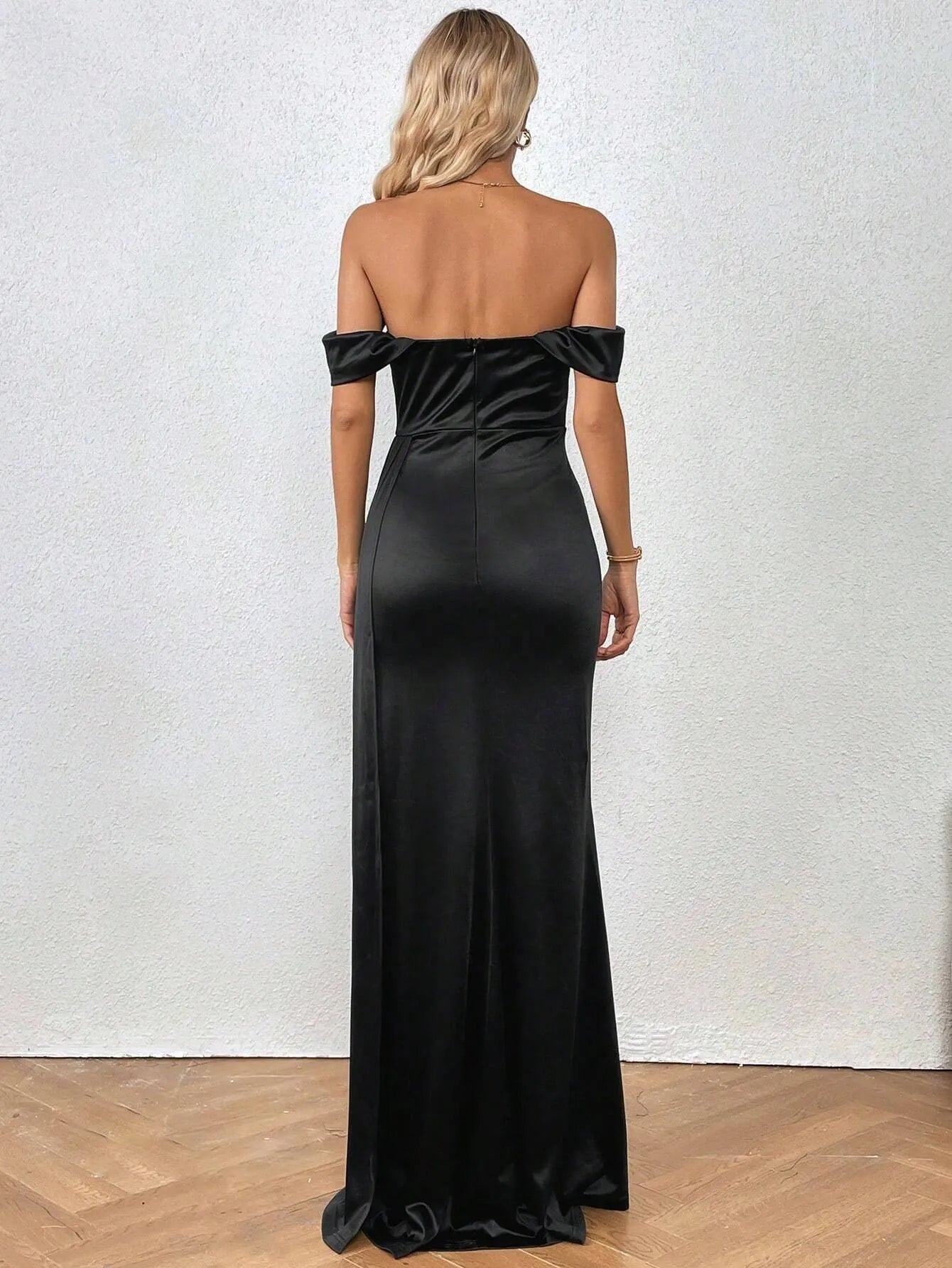 Off Shoulder Slit Thigh Satin Dress