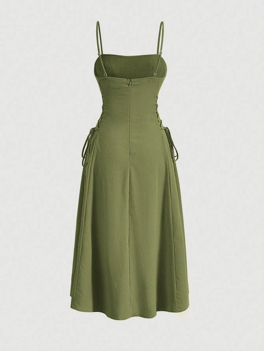 Ruched Lace Up Cami Dress