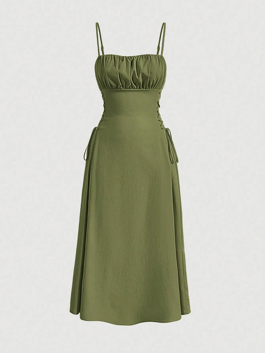 Ruched Lace Up Cami Dress