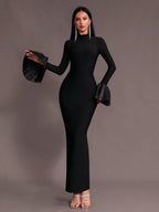 Mock Neck Bodycon Flare Sleeve Dress