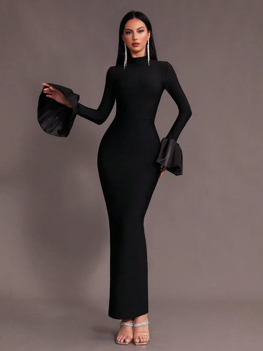 Mock Neck Bodycon Flare Sleeve Dress