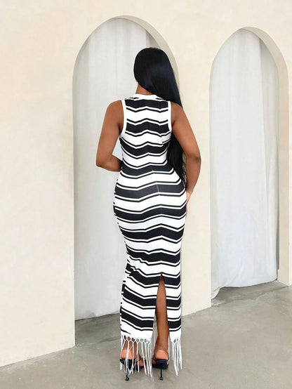 Stripe Fringe Hem Slim Dress