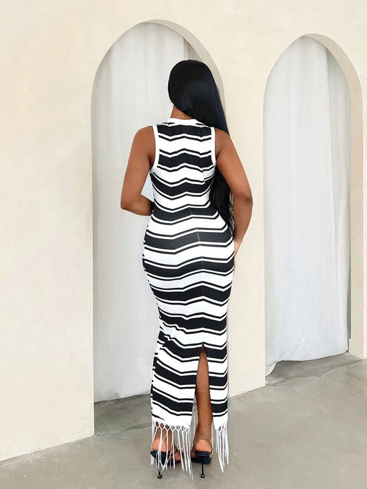 Stripe Fringe Hem Slim Dress
