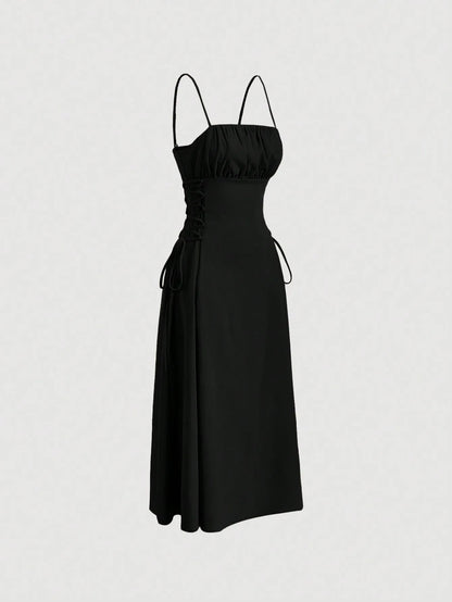 Ruched Lace Up Cami Dress