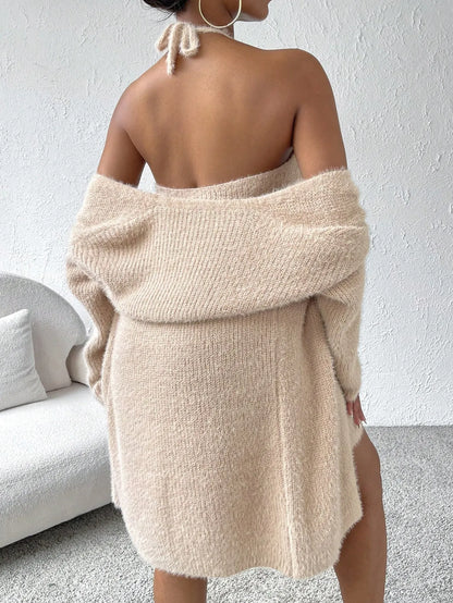 Solid Halter Sweater Dress & Drop Shoulder Cardigan