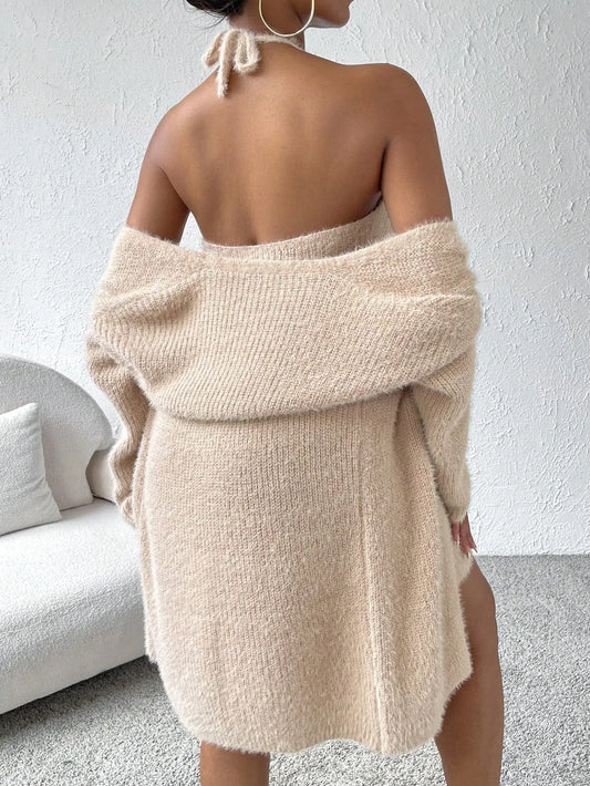 Solid Halter Sweater Dress & Drop Shoulder Cardigan