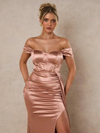 Off Shoulder Slit Thigh Satin Dress