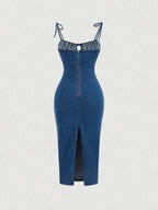 Straps and Knot Slim Denim Dress