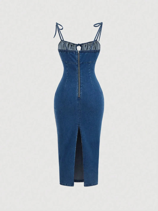 Straps and Knot Slim Denim Dress