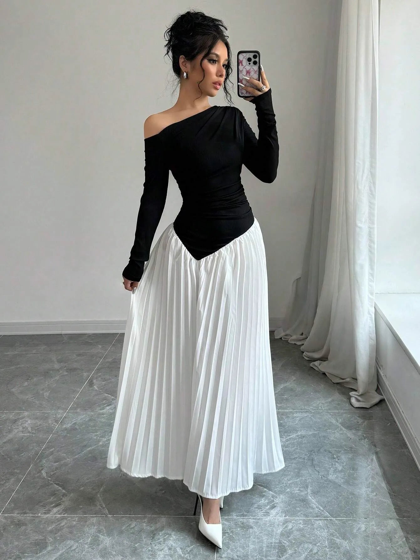 Asymmetrical Neck Ruched Elegant Dress