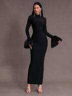 Mock Neck Bodycon Flare Sleeve Dress