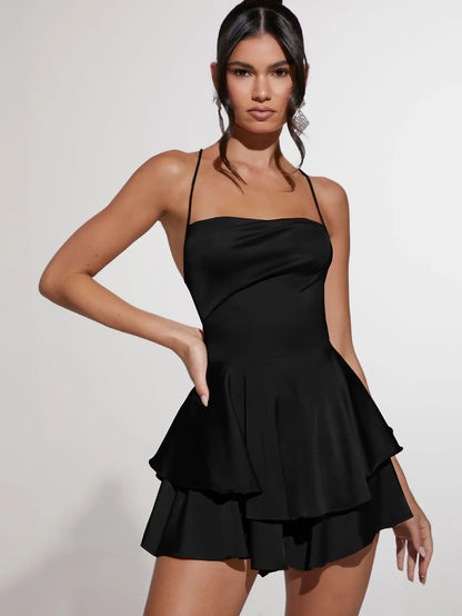 Lace Up Backless Two Layer Hem Satin Dress