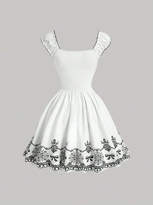 Floral Ruched Ruffle Hem