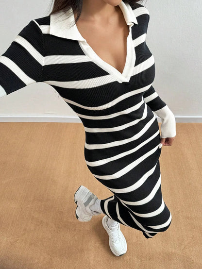 Lapel Collar Striped Slim Fit Dress