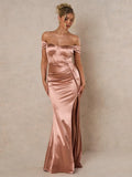 Off Shoulder Slit Thigh Satin Dress