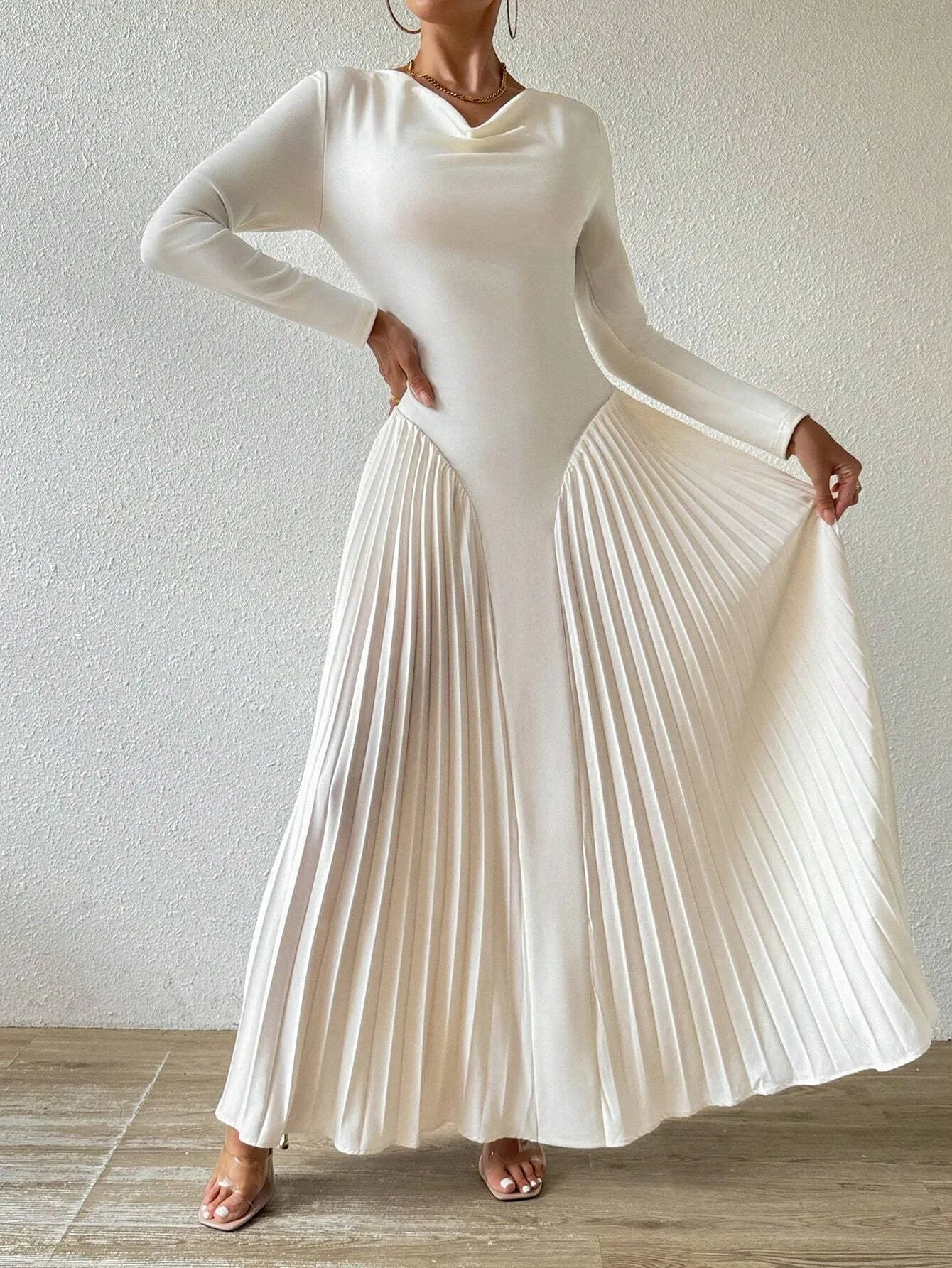 Long Sleeve Pleated Elegant Dress