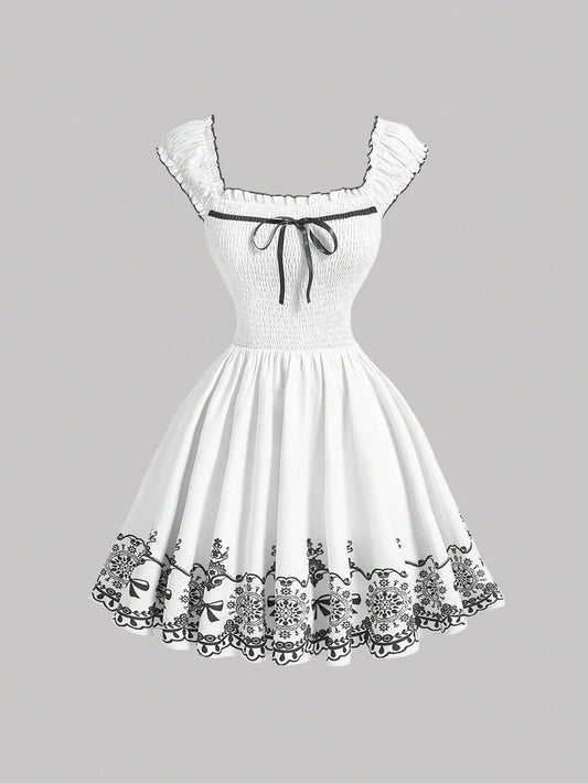 Floral Ruched Ruffle Hem