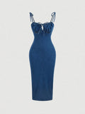 Straps and Knot Slim Denim Dress