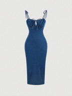 Straps and Knot Slim Denim Dress