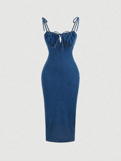 Straps and Knot Slim Denim Dress