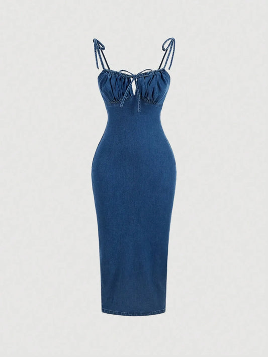 Straps and Knot Slim Denim Dress