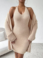 Solid Halter Sweater Dress & Drop Shoulder Cardigan