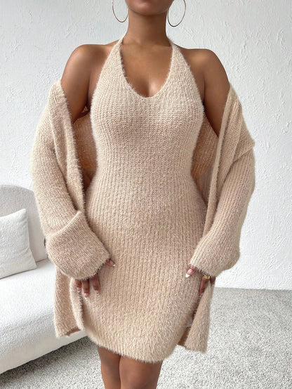 Solid Halter Sweater Dress & Drop Shoulder Cardigan