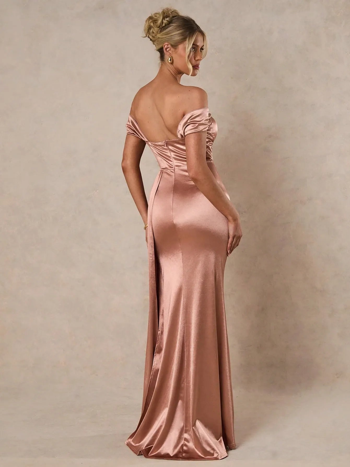 Off Shoulder Slit Thigh Satin Dress